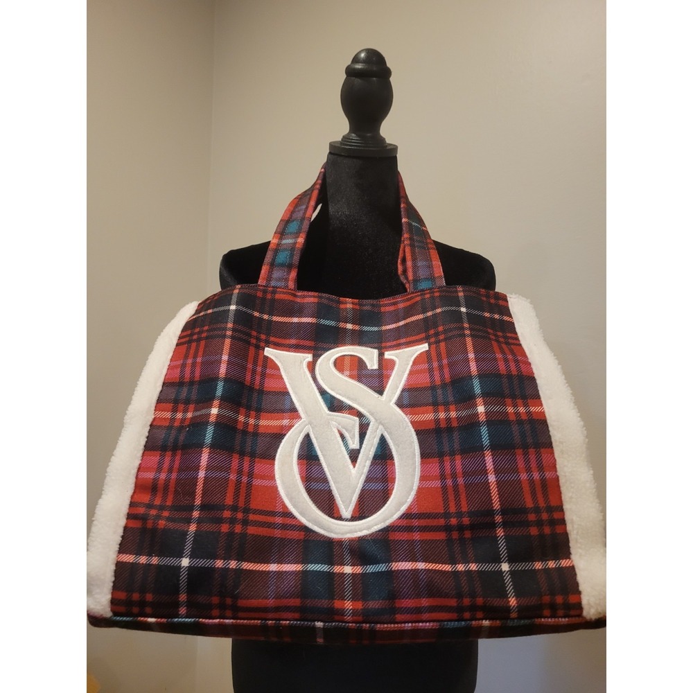 Victoria's Secret Red & Green Plaid Tote Bag - Sherpa Trim Holiday Shopper